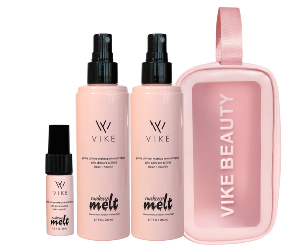 A collection of beauty products by VIKE Beauty, including a pink travel bag and three bottles of Makeup Melt in different sizes.


